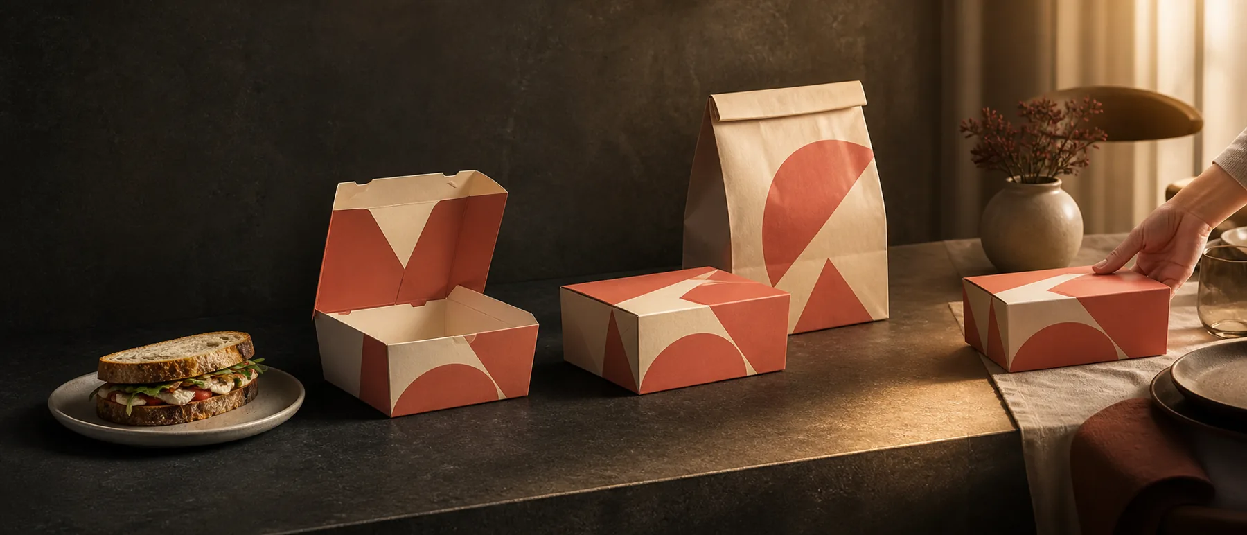 Sequência visual do alimento passando pela embalagem até chegar à casa do cliente